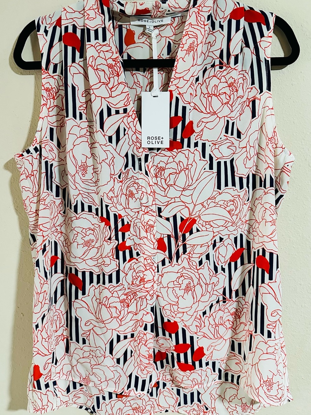Rose & Olive White Floral Sleeveless V-Neck Top with Navy Stripe-NWT